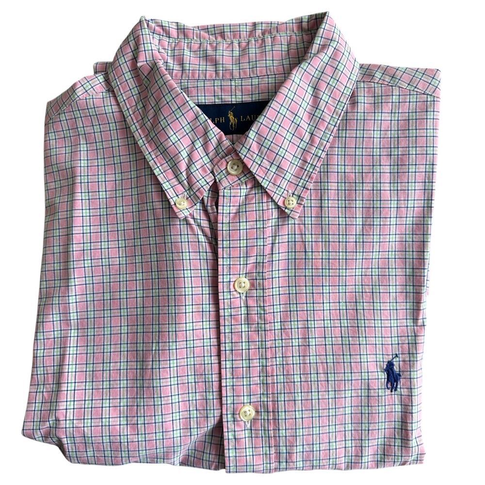 Ralph Lauren Pink Plaid Long Sleeve Button Down Collared Dress Shirt Cotton Sz L